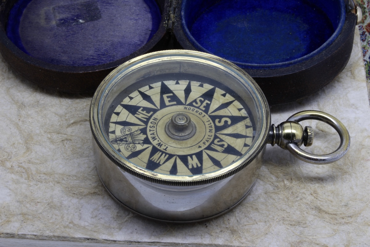 Rare Leather-Cased Nautical Pocket Compass by T. W. WATSON, LONDON, c. 1887