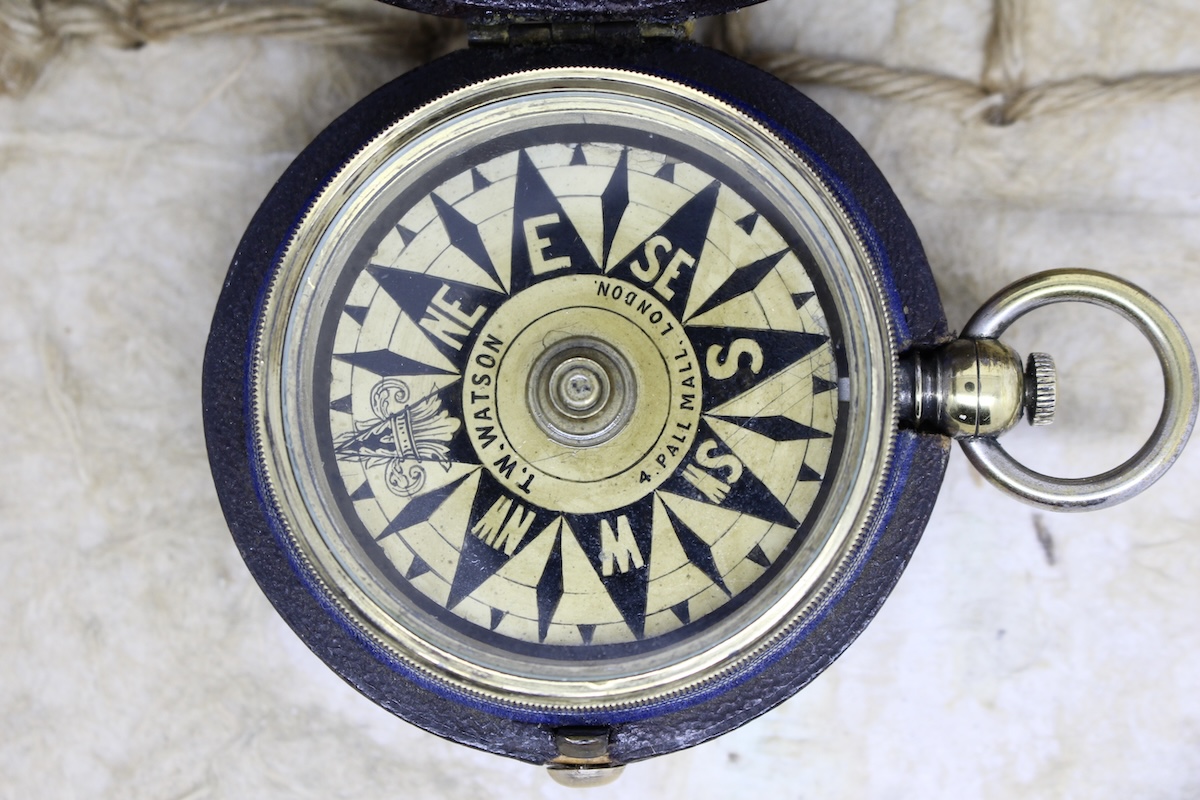 Rare Leather-Cased Nautical Pocket Compass by T. W. WATSON, LONDON, c. 1887