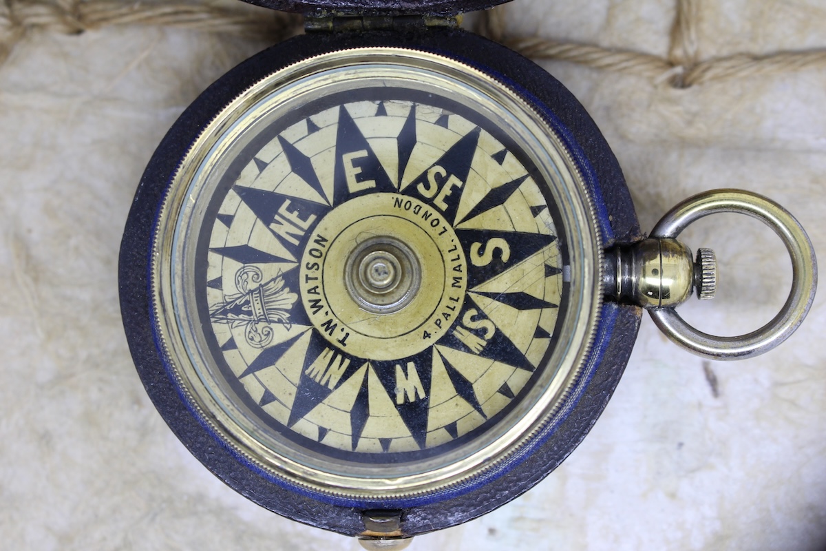 Rare Leather-Cased Nautical Pocket Compass by T. W. WATSON, LONDON, c. 1887