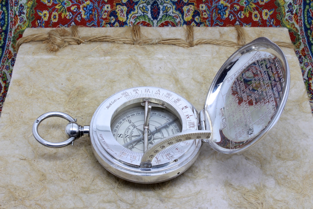 Antique Leather-Cased Silver Equinoctial Sundial Compass, Hallmarked London 1908