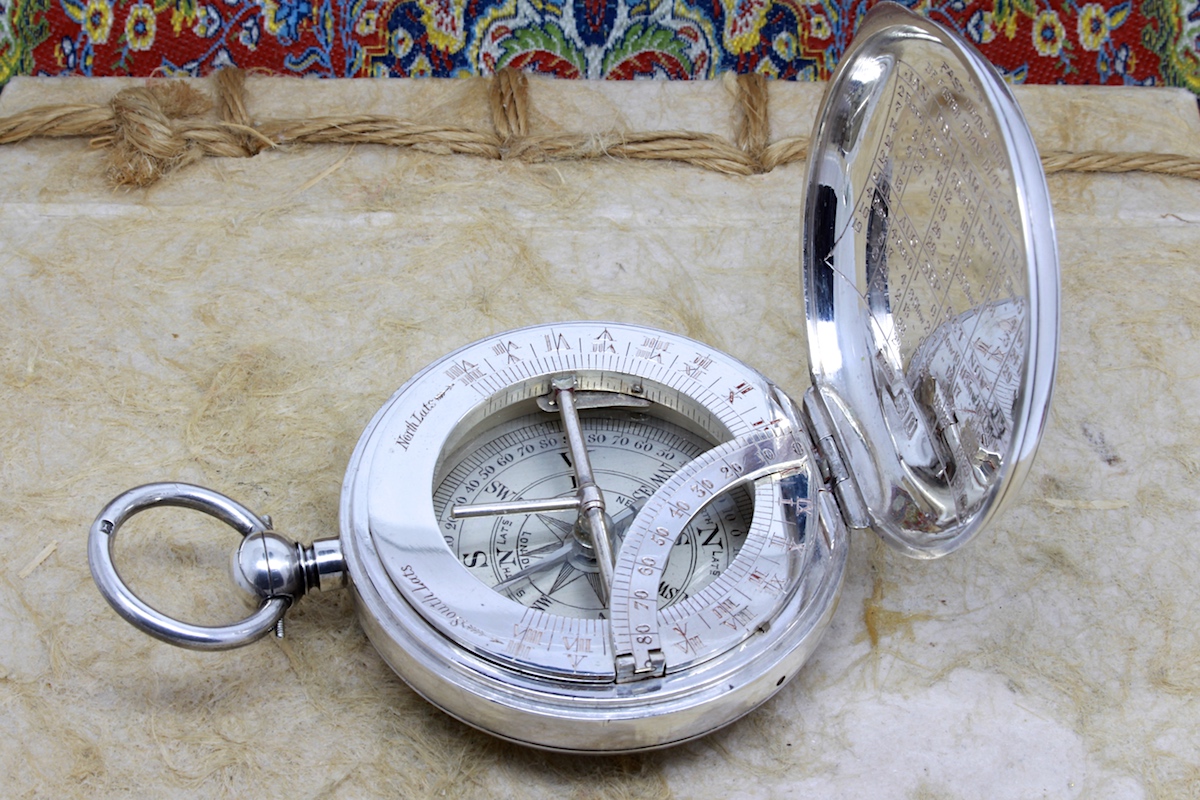 Antique Leather-Cased Silver Equinoctial Sundial Compass, Hallmarked London 1908
