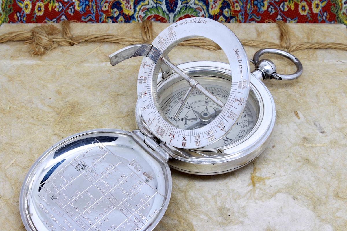 Antique Leather-Cased Silver Equinoctial Sundial Compass, Hallmarked London 1908