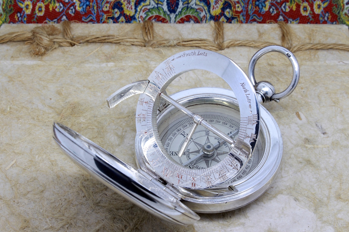 Antique Leather-Cased Silver Equinoctial Sundial Compass, Hallmarked London 1908