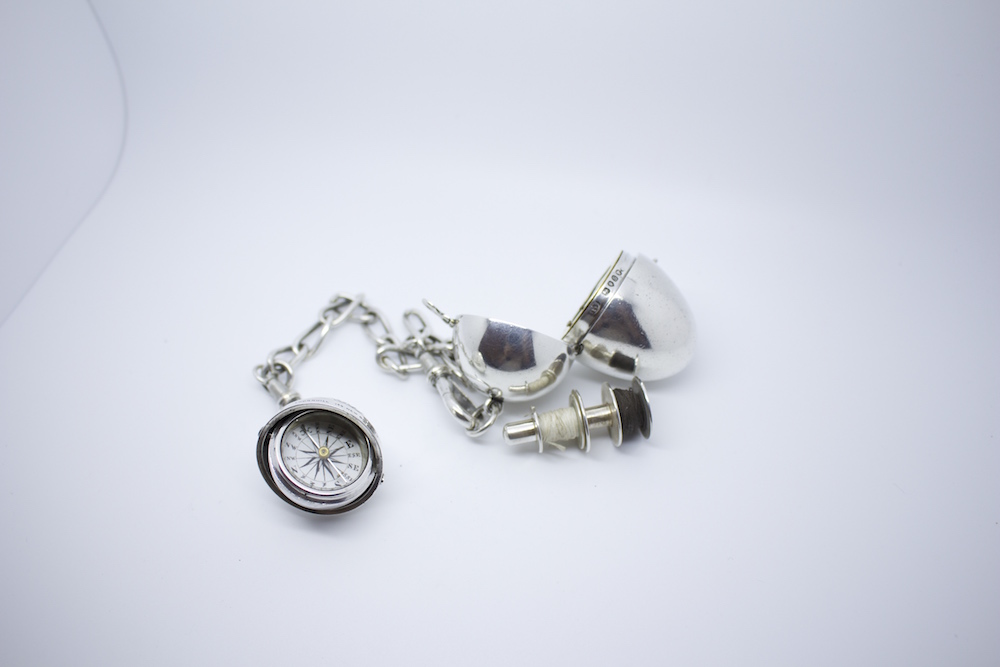 Silver Gimbaled Compass and Egg Bobbin, 1872 London Hallmarks