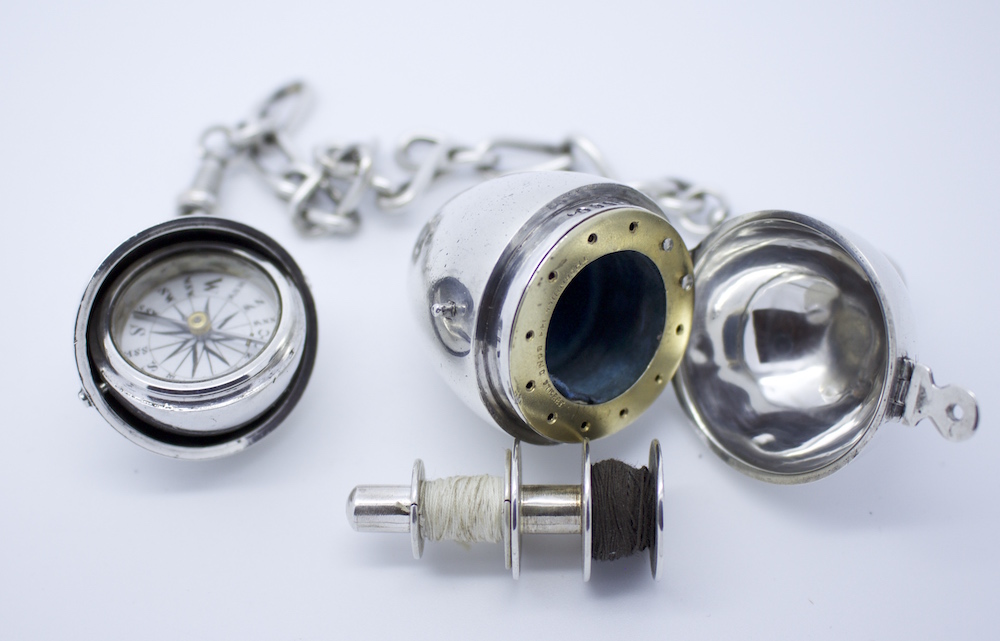Silver Gimbaled Compass and Egg Bobbin, 1872 London Hallmarks