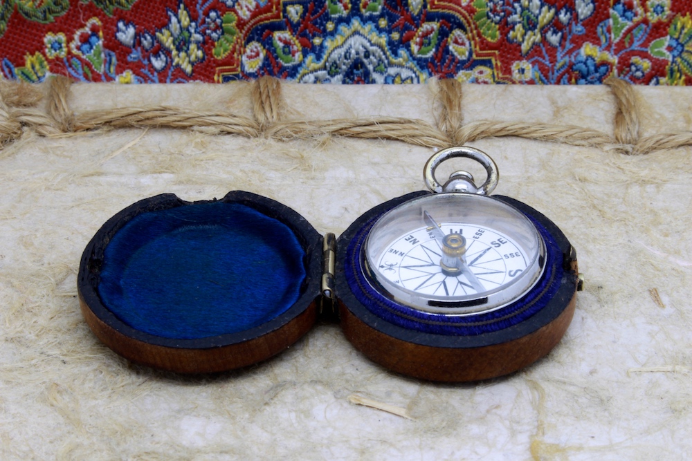 Victorian Wood-Cased Antique Compass with Porcelain Dial, c. 1860