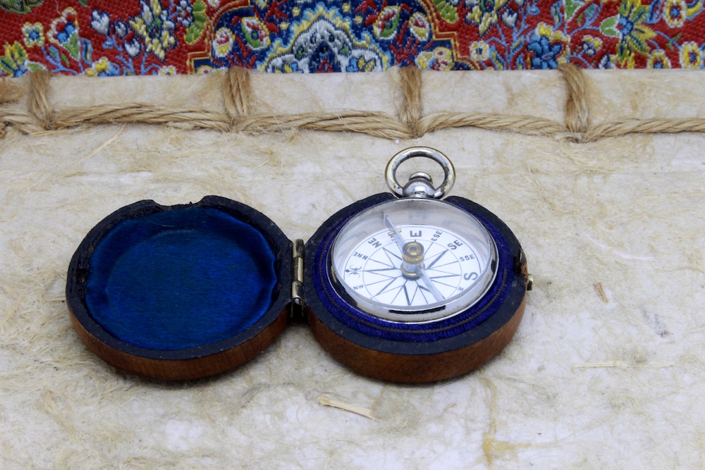 Victorian Wood-Cased Antique Compass with Porcelain Dial, c. 1860