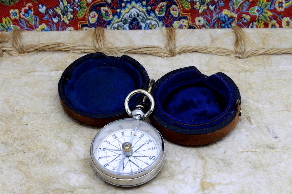 Victorian Wood-Cased Antique Compass with Porcelain Dial, c. 1860