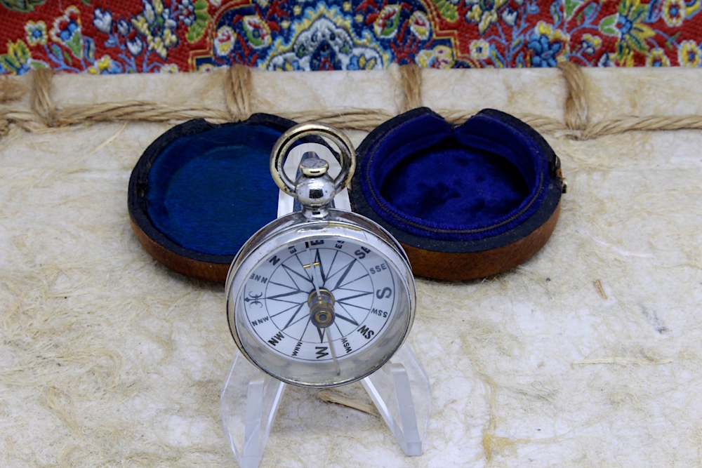 Victorian Wood-Cased Antique Compass with Porcelain Dial, c. 1860