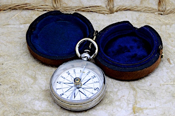 Victorian Wood-Cased Antique Compass with Porcelain Dial, c. 1860