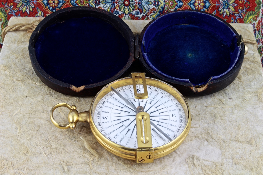 Antique Leather-Cased Troughton & Simms,  London Pocket Compass, c. 1820