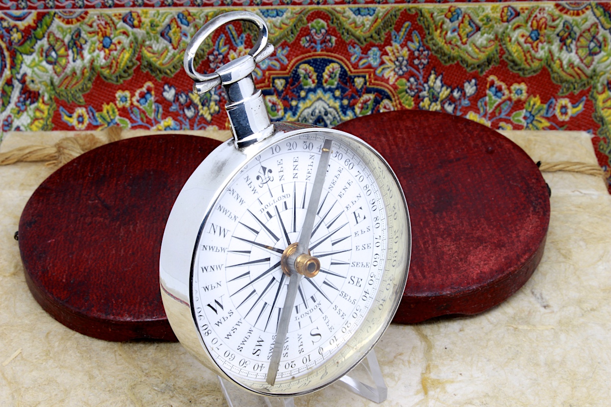 Georgian Leather-Cased Long-Neck Hallmarked Silver Compass by Dollond, London, 1836