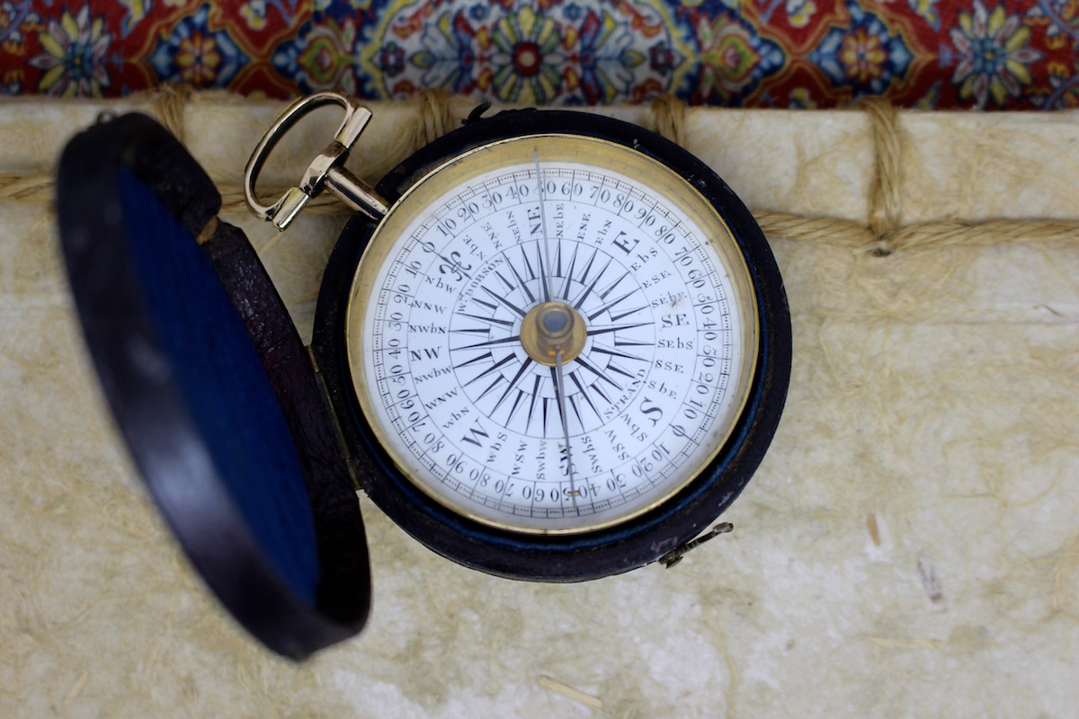 Georgian Leather-Cased Long-Neck Gold Plated Compass by Dobson of London, c. 1800