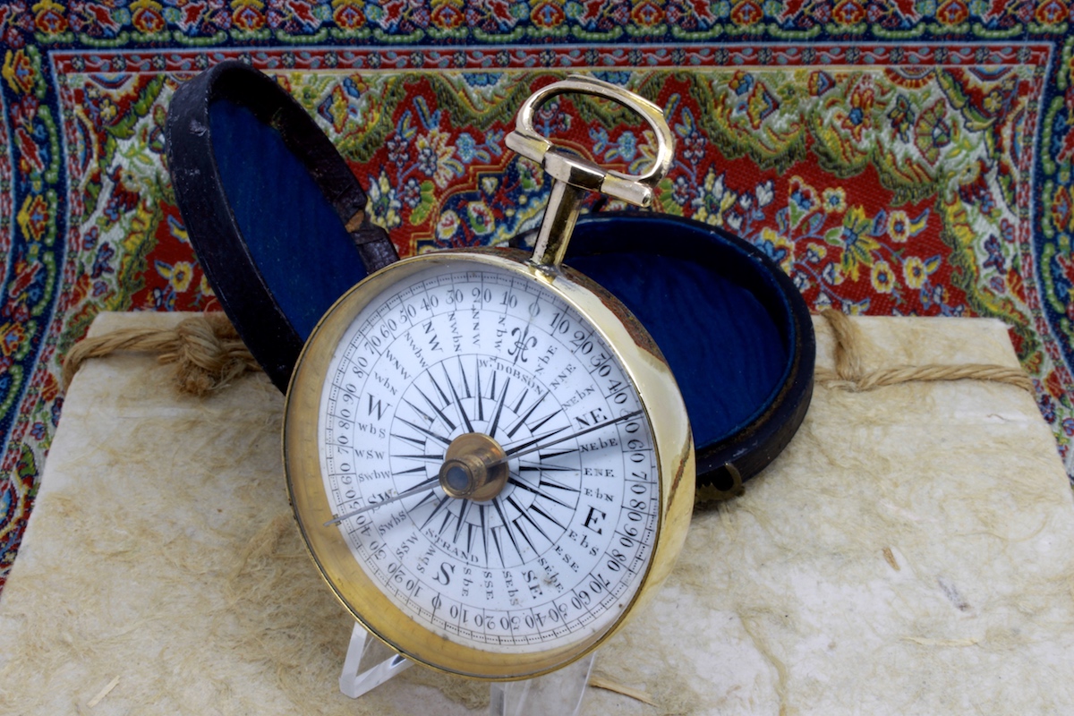 Georgian Leather-Cased Long-Neck Gold Plated Compass by Dobson of London, c. 1800