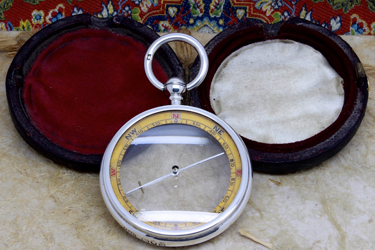 Victorian Barker & Son Silver Pebble Lens Compass, Hallmarked London 1899