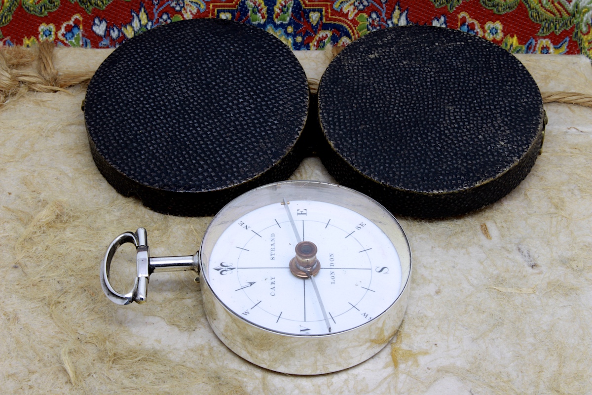 Georgian Shagreen Cased Long-Neck Hallmarked Silver Compass by CARY, 1793