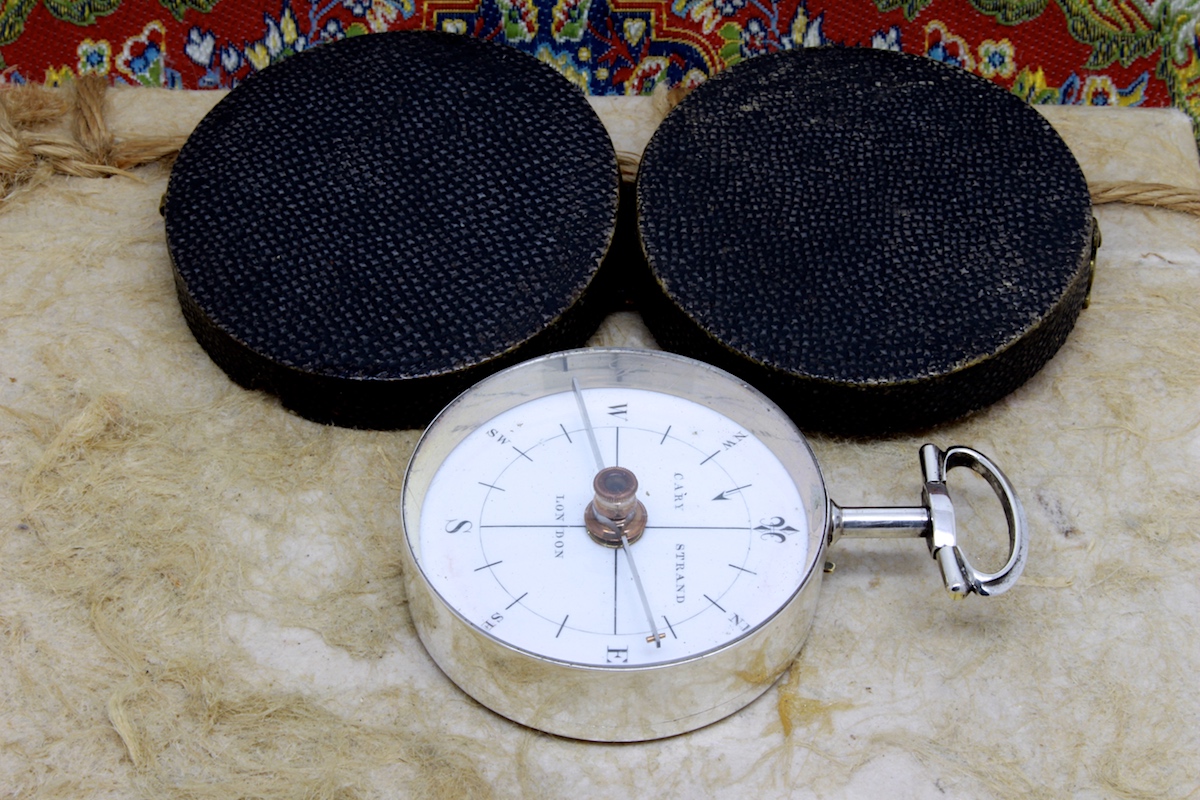 Georgian Shagreen Cased Long-Neck Hallmarked Silver Compass by CARY, 1793