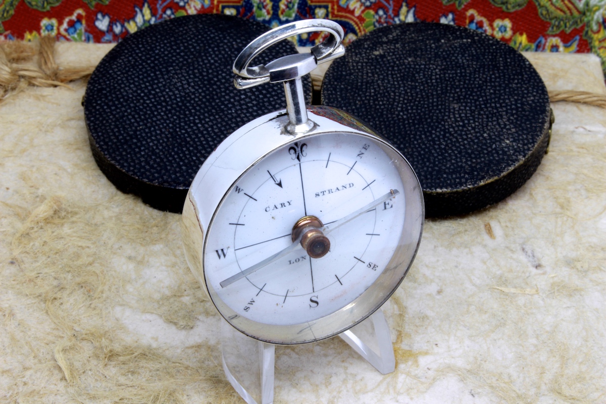 Georgian Shagreen Cased Long-Neck Hallmarked Silver Compass by CARY, 1793