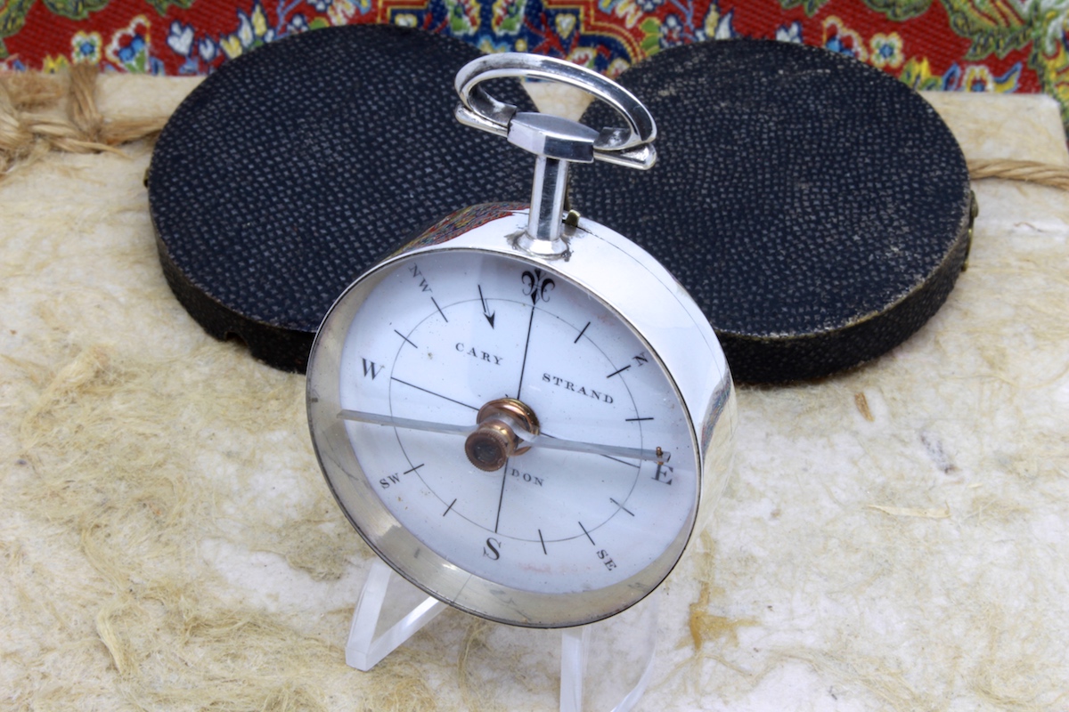 Georgian Shagreen Cased Long-Neck Hallmarked Silver Compass by CARY, 1793