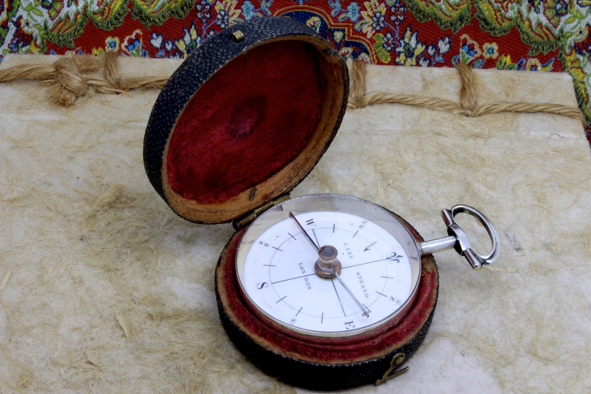 Georgian Shagreen Cased Long-Neck Hallmarked Silver Compass by CARY, 1793