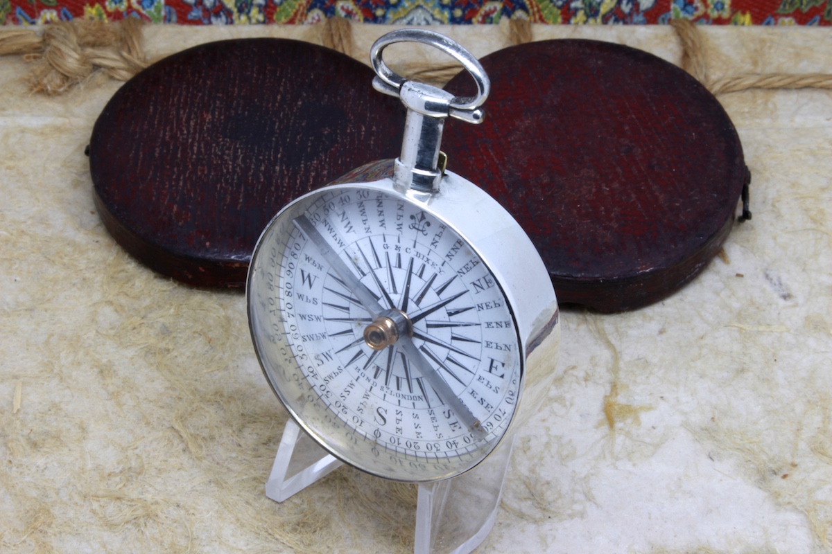 Georgian Leather-Cased Long-Neck Silver Compass by DIXEY, Hallmarks London, 1836
