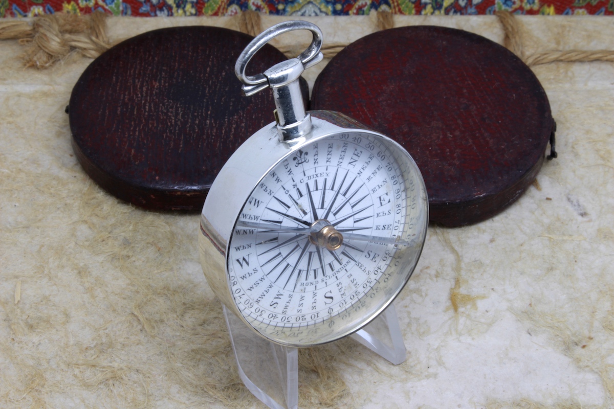 Georgian Leather-Cased Long-Neck Silver Compass by DIXEY, Hallmarks London, 1836