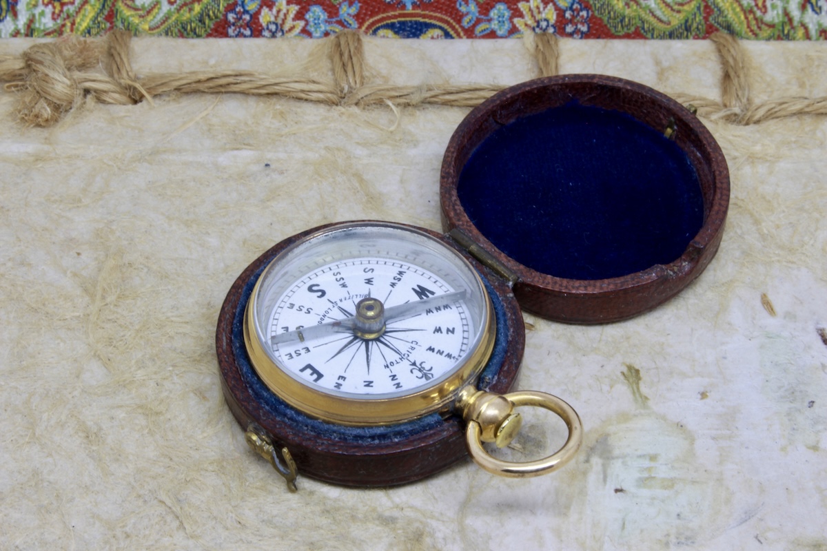Victorian Engine-Turned Leather-Cased Compass by CRICHTON, LONDON, c. 1860