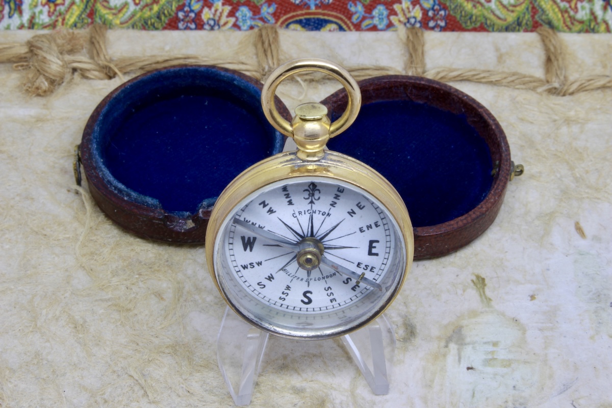 Victorian Engine-Turned Leather-Cased Compass by CRICHTON, LONDON, c. 1860