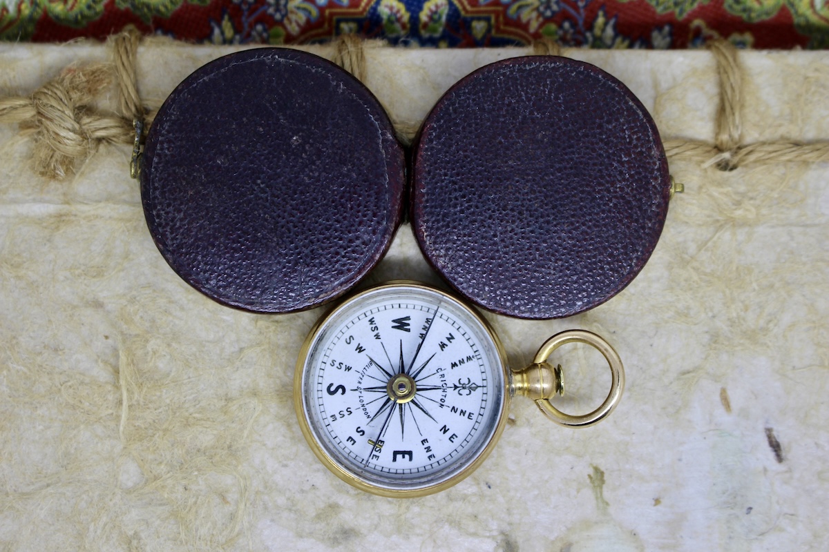 Victorian Engine-Turned Leather-Cased Compass by CRICHTON, LONDON, c. 1860