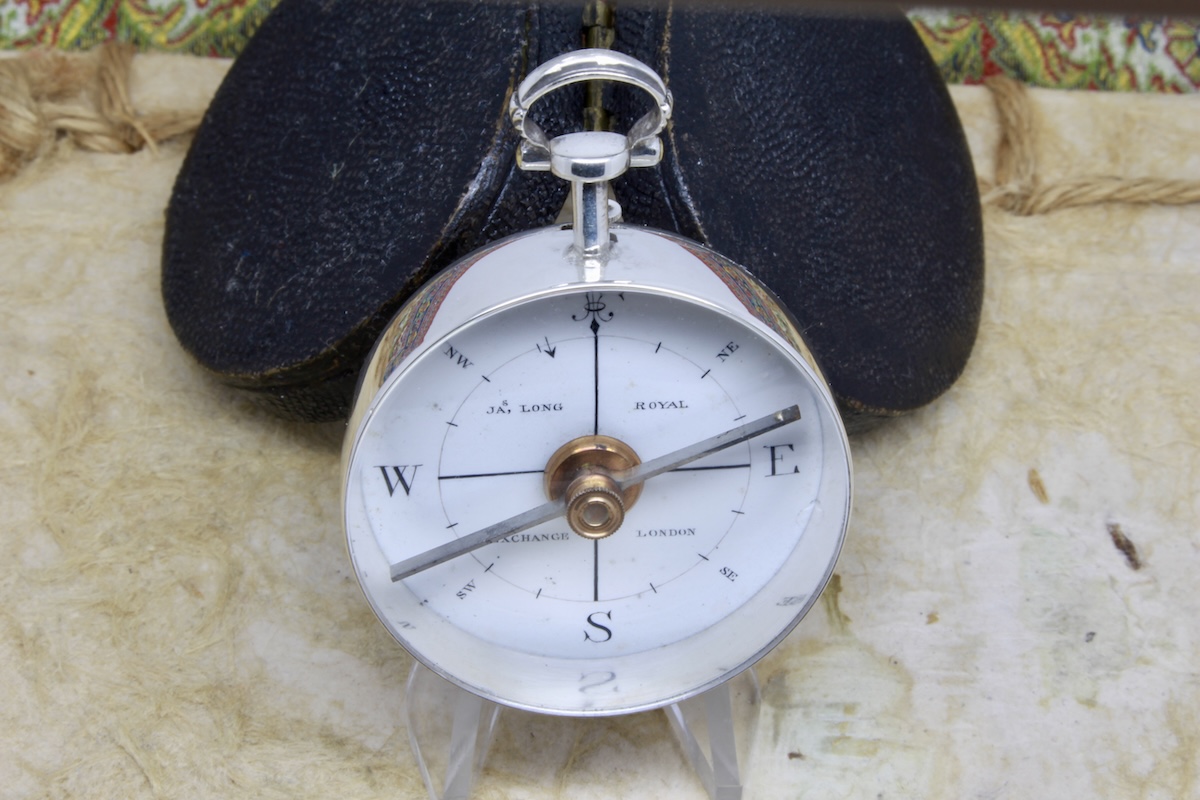 Georgian Shagreen Cased Long-Neck Silver Compass by James Long, London, Hallmarked 1792