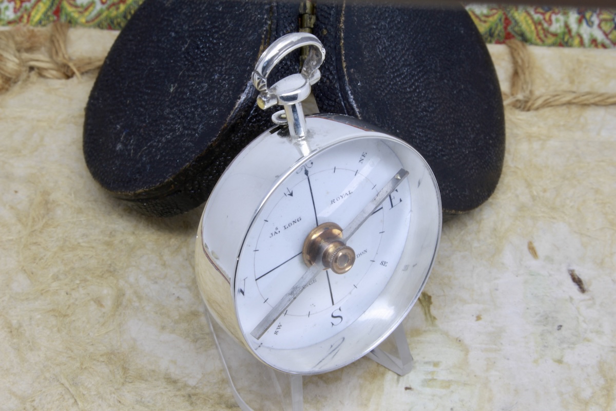 Georgian Shagreen Cased Long-Neck Silver Compass by James Long, London, Hallmarked 1792