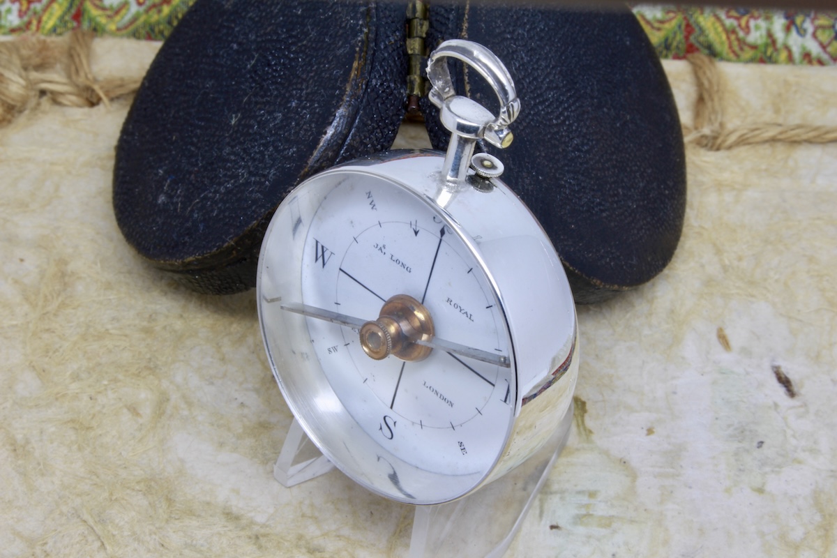 Georgian Shagreen Cased Long-Neck Silver Compass by James Long, London, Hallmarked 1792