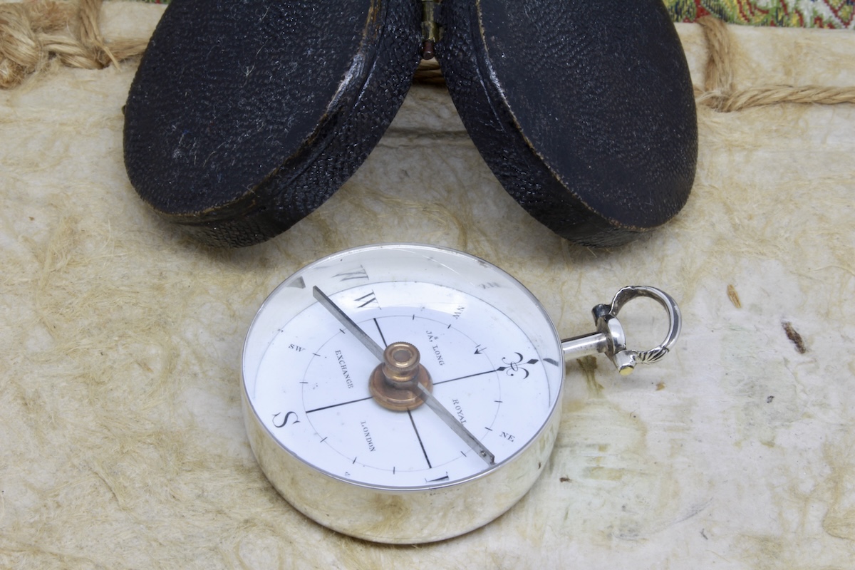 Georgian Shagreen Cased Long-Neck Silver Compass by James Long, London, Hallmarked 1792