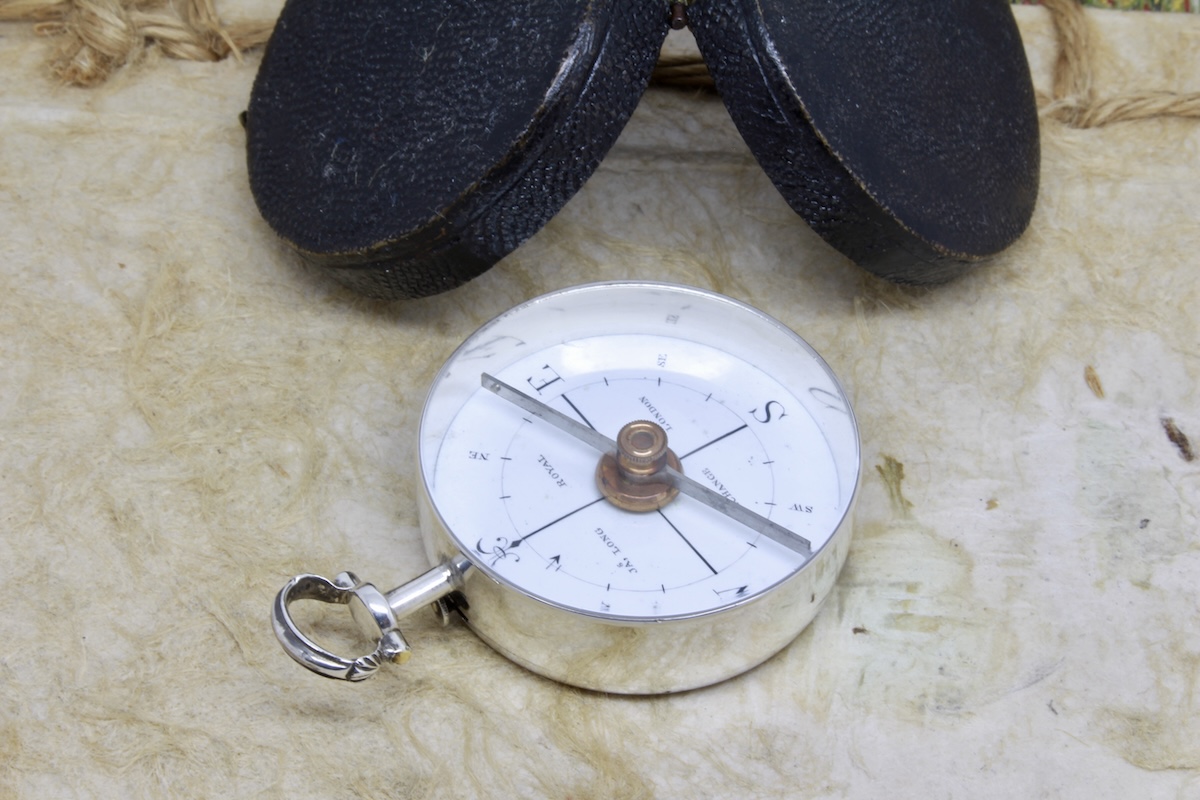 Georgian Shagreen Cased Long-Neck Silver Compass by James Long, London, Hallmarked 1792