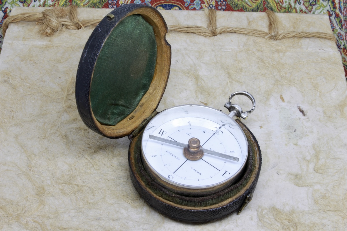 Georgian Shagreen Cased Long-Neck Silver Compass by James Long, London, Hallmarked 1792
