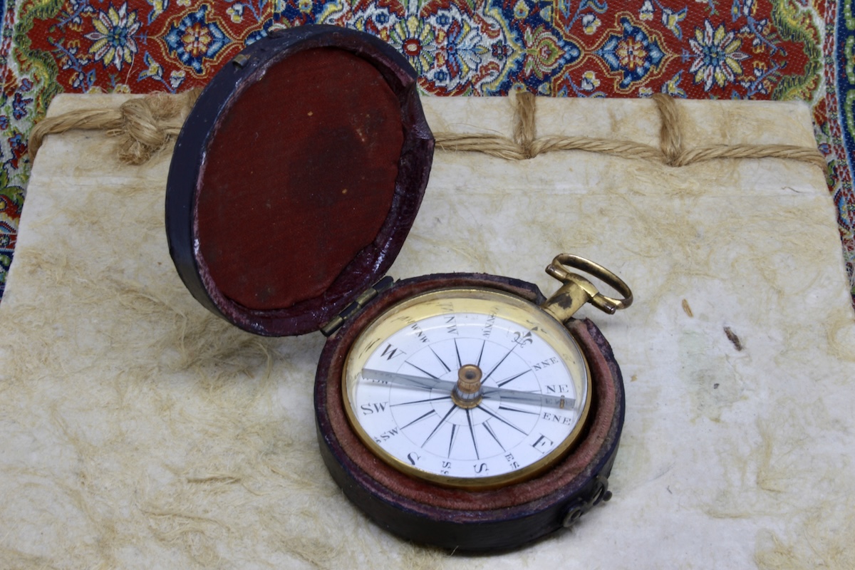 Georgian 12K Gold-Plated Long-Neck Leather-Cased Pocket Compass c. 1820